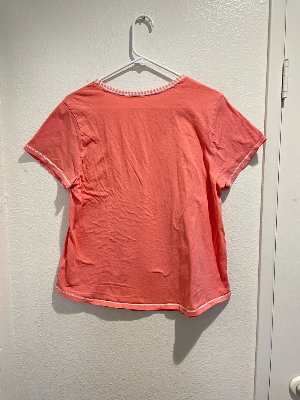 🌸 Carole Hochman Coral Pink Striped Trim V-Neck Pajama Top L 🌸